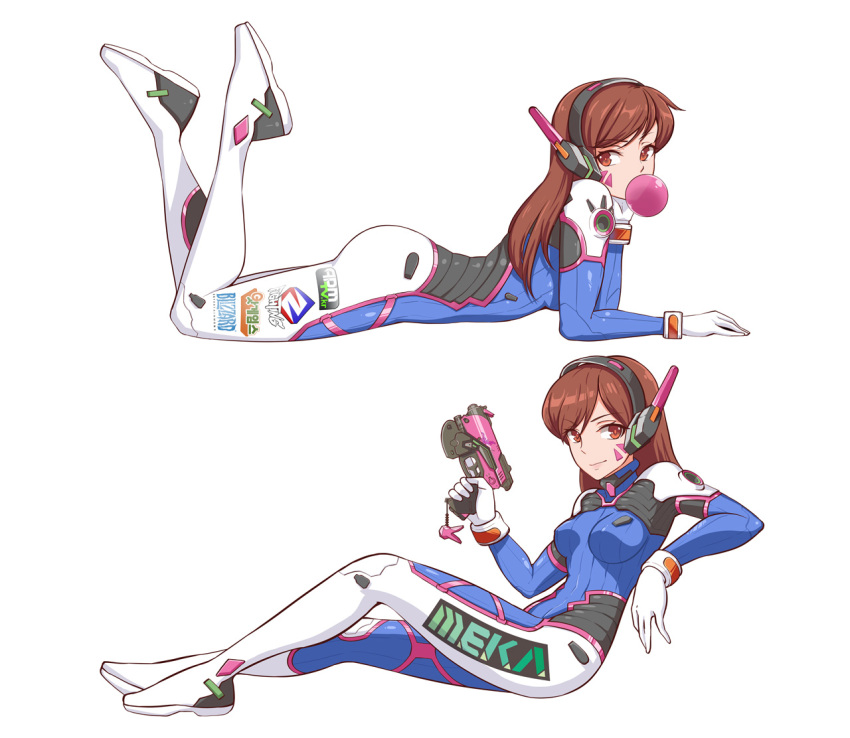 1girl ass blue_bodysuit bodysuit breasts brown_eyes brown_hair commission d.va_(overwatch) english_commentary eyebrows_visible_through_hair from_side gloves gun headphones holding holding_gun holding_weapon kuso_otoko long_hair looking_at_viewer lying medium_breasts overwatch pilot_suit sitting weapon white_background white_gloves
