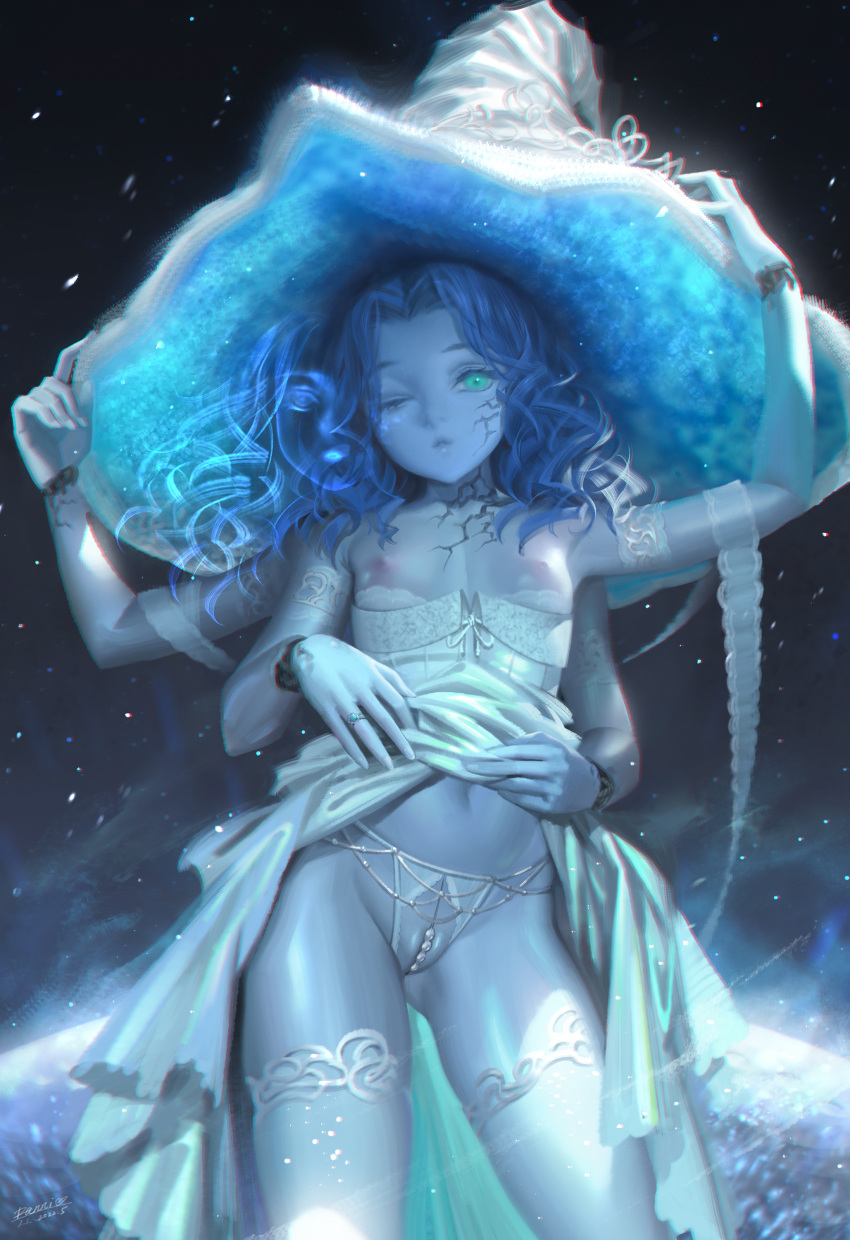 1girl absurdres alphonse_(white_datura) blue_hair blue_skin breasts breasts_out clothes_lift colored_skin cosplay cracked_skin crotchless crotchless_panties dated doll_joints dress elden_ring extra_arms extra_faces fia_the_deathbed_companion fia_the_deathbed_companion_(cosplay) flat_chest green_eyes hat highres jewelry joints lace-trimmed_legwear lace_trim large_hat looking_at_viewer nipples one_eye_closed panties partially_visible_vulva pussy ranni_the_witch ring shiny shiny_skin signature skirt skirt_lift solo thighhighs underwear wedding_band witch witch_hat