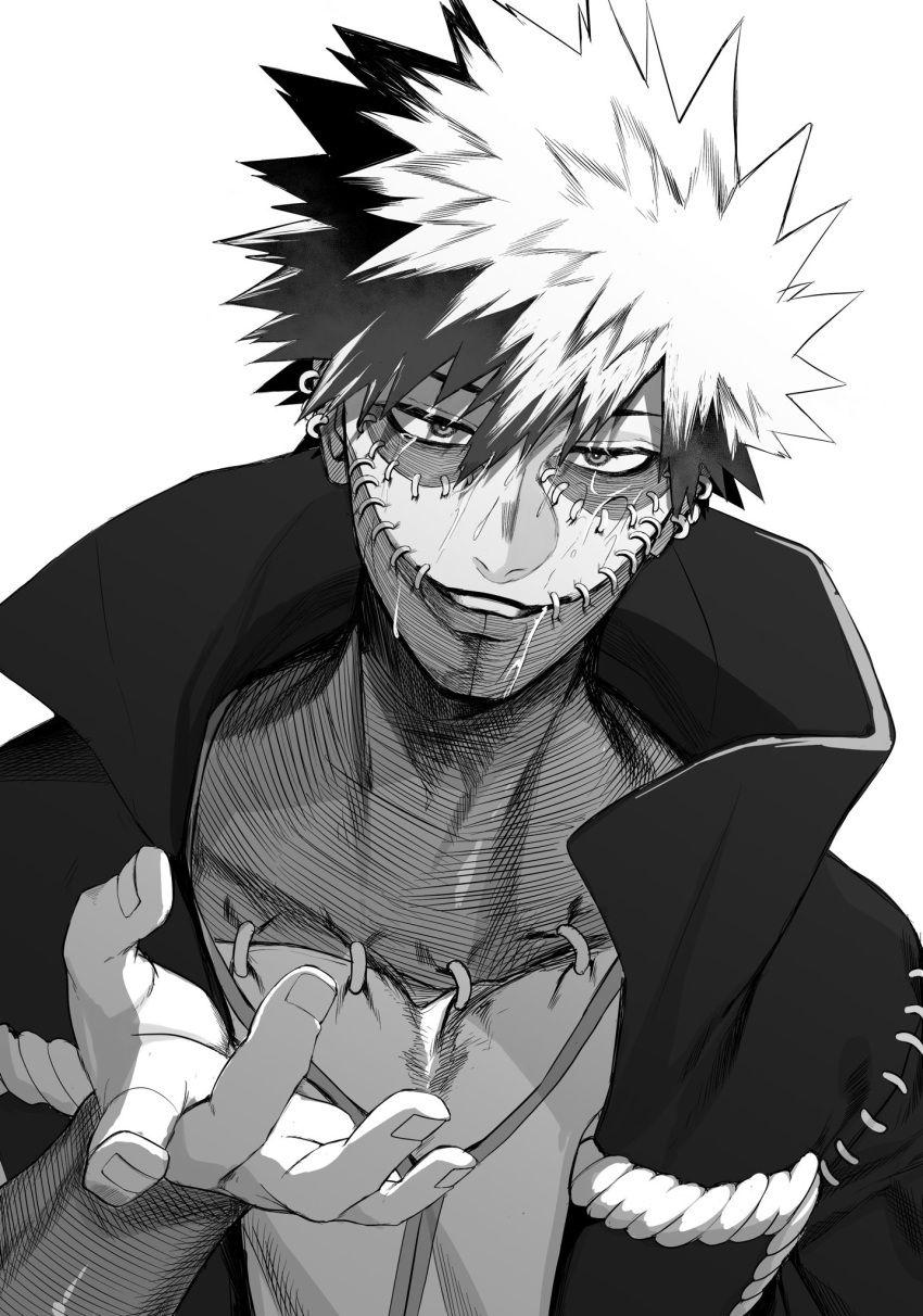 1boy boku_no_hero_academia crosshatching dabi_(boku_no_hero_academia) ear_piercing goodbye_glory greyscale hatching_(texture) highres jacket looking_at_viewer male_focus monochrome multiple_scars open_clothes open_jacket patchwork_skin piercing scar scar_on_face short_hair simple_background smile solo spiked_hair stapled tears upper_body white_background