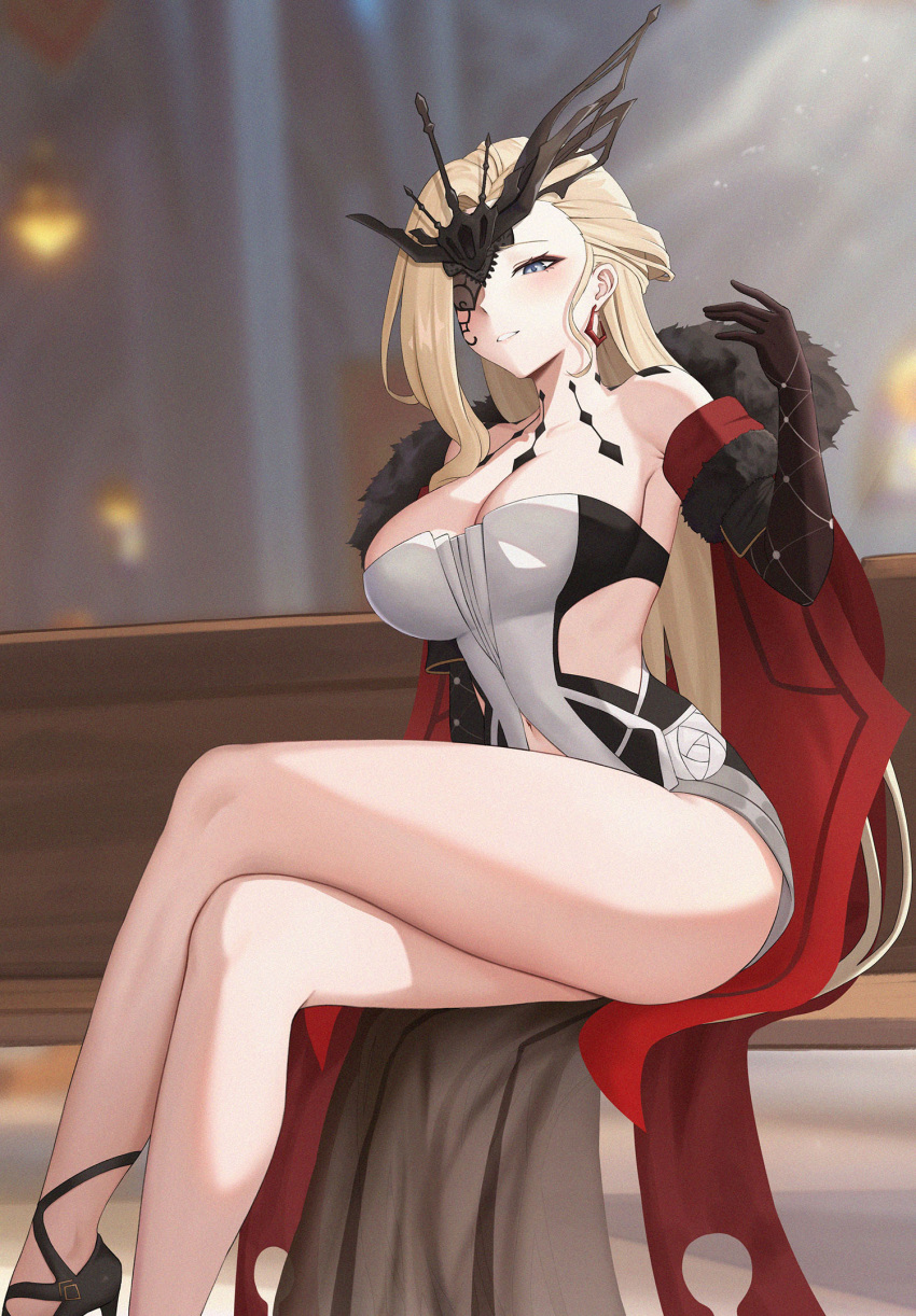1girl armpits bare_shoulders bench black_footwear black_mask blonde_hair blue_eyes breasts cleavage clothing_cutout coat crossed_legs dress earrings elbow_gloves fur-trimmed_coat fur_trim genshin_impact gloves hair_ornament half_mask high_heels highres indoors jewelry large_breasts legs light_rays long_hair looking_at_viewer mask mask_over_one_eye navel_cutout one_eye_covered parted_lips signora_(genshin_impact) sitting solo sp123 thighs