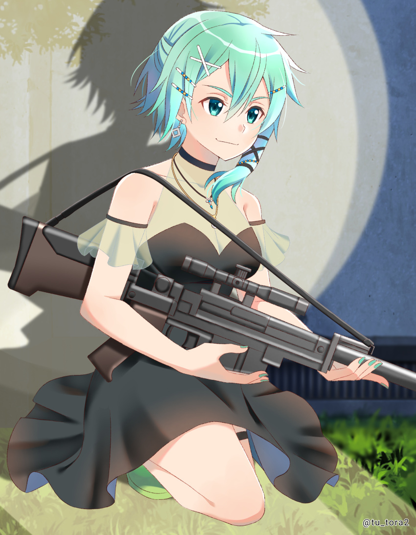 1girl absurdres aqua_nails arm_strap asymmetrical_hair bangs bare_arms black_choker black_dress black_ribbon blue_eyes blue_hair breasts choker cleavage closed_mouth collarbone dress green_footwear gun hair_between_eyes hair_ornament hair_ribbon highres holding holding_gun holding_weapon jewelry kneeling medium_breasts nail_polish pendant ribbon rifle see-through shiny shiny_hair short_dress sinon sleeveless sleeveless_dress smile sniper_rifle solo sword_art_online thigh_strap tu_tora2 weapon x_hair_ornament