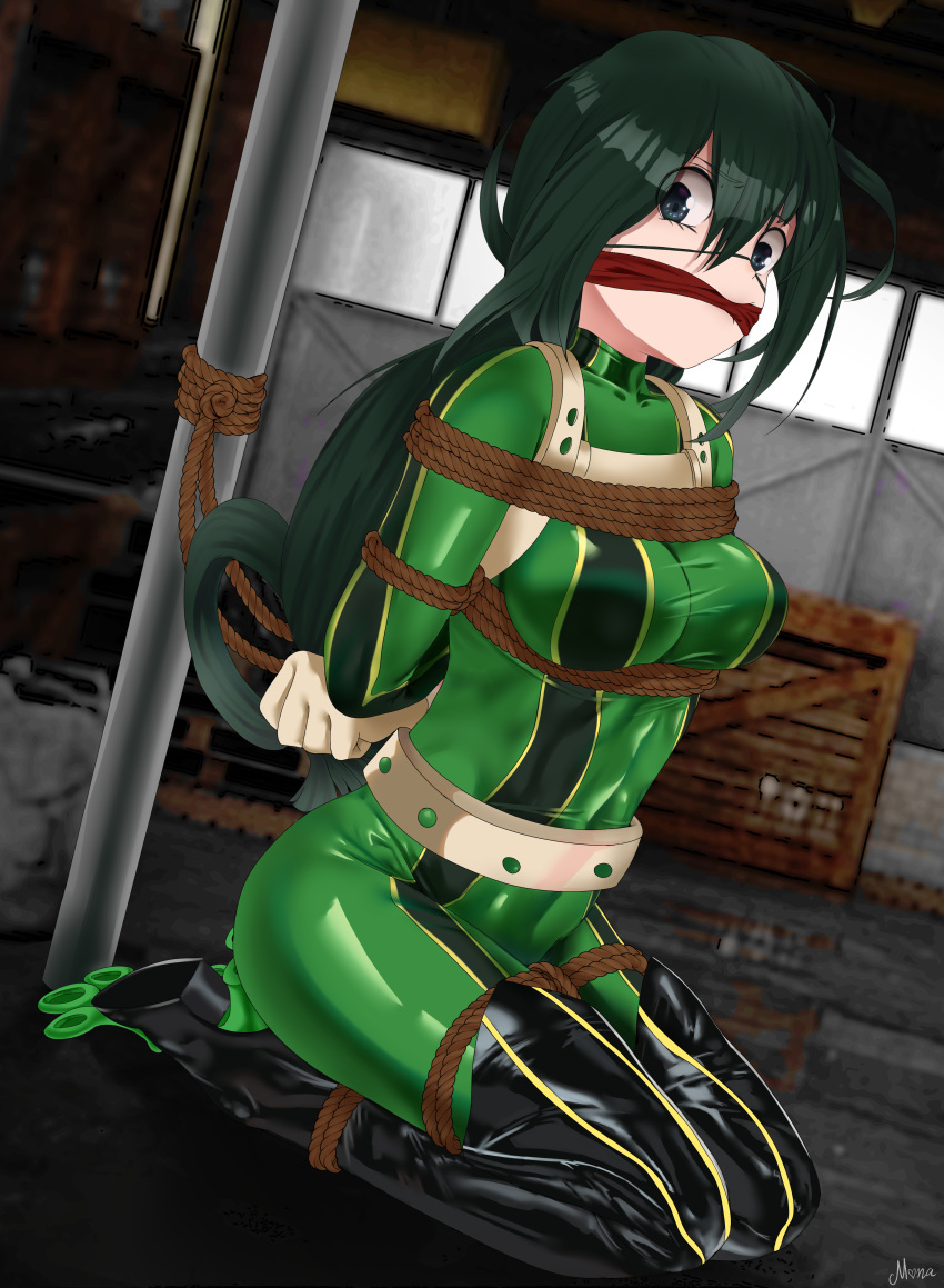 1girl absurdres artist_name asui_tsuyu bdsm belt blush bodysuit boku_no_hero_academia bondage bound breasts breasts_apart covered_navel drawfagmona frog_girl gagged gloves green_bodysuit green_hair grey_eyes hair_between_eyes highres latex long_hair looking_at_viewer medium_breasts rope seiza short_hair sidelocks sitting solo studded_belt