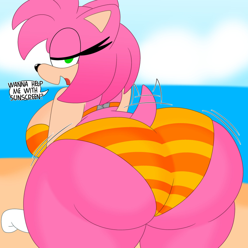 2022 3barts 4k absurd_res amy_rose anthro beach bedroom_eyes bent_over big_breasts big_butt bikini bouncing_butt breasts butt butt_jiggle cleavage clothed clothing curvaceous curvy_figure detailed_background dialogue digital_media_(artwork) english_text eulipotyphlan eyelashes female female_focus fingers fur gloves green_eyes hair handwear hedgehog hi_res hourglass_figure huge_breasts huge_butt jiggling looking_at_viewer looking_back mammal multicolored_body multicolored_fur narrowed_eyes outside pink_body pink_fur pink_hair rear_view sea seaside seductive sega short_hair short_tail smile solo sonic_the_hedgehog_(series) swimwear tail_motion tailwag talking_to_viewer tan_body tan_fur text thick_thighs two_tone_body two_tone_fur voluptuous water wide_hips