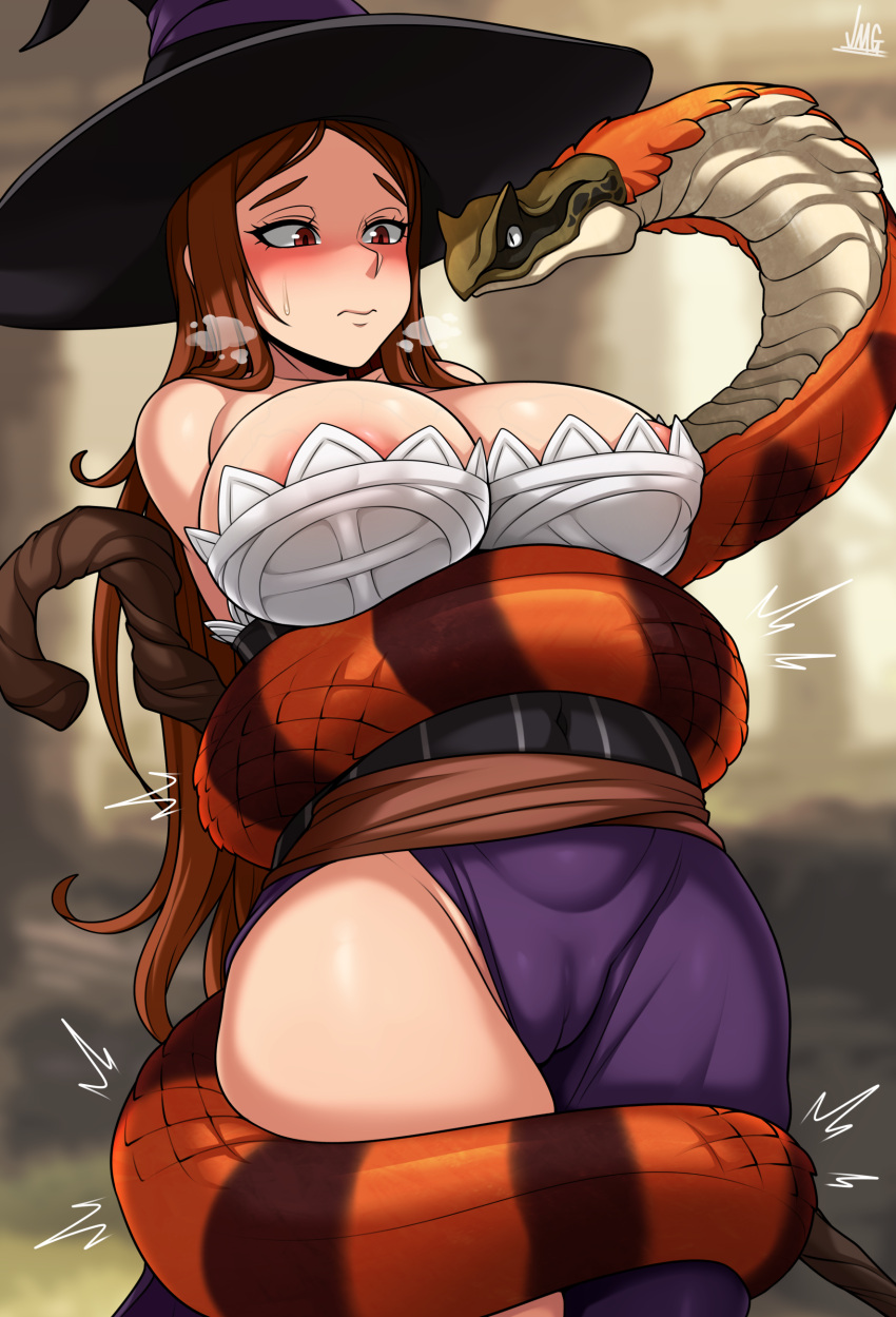 absurd_res ambiguous_gender bestiality big_breasts breasts clothed clothing dragon's_crown female female/ambiguous feral hat headgear headwear hi_res human human_on_feral interspecies jmg mammal reptile scalie snake sorceress_(dragon's_crown)