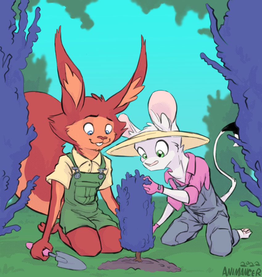 animancer clothing dipodid gardening gloves handwear hi_res invalid_tag jace_(disambiguation) jason_(disambiguation) jerboa luck_(disambiguation) mammal overalls planting red_squirrel_(disambiguation) rodent sciurid sun_hat