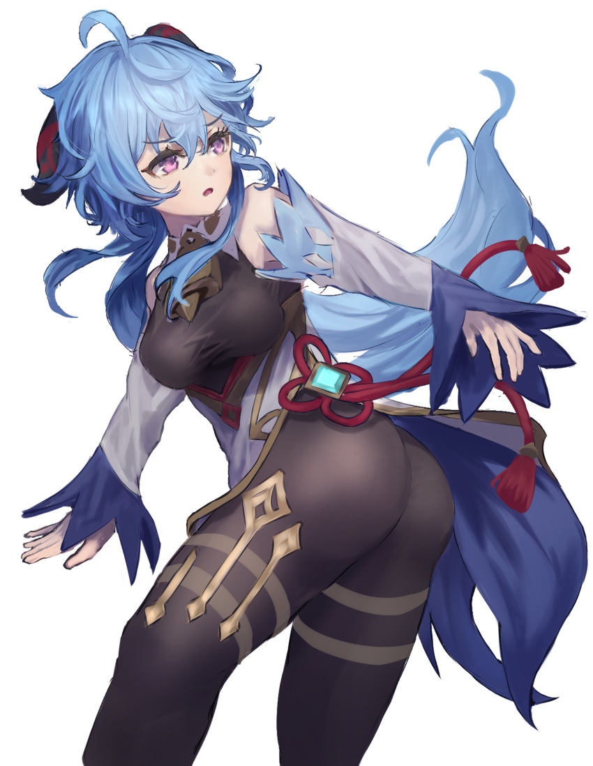 1girl absurdres ahoge ass bangs bare_shoulders bell black_legwear blue_hair bodystocking breasts chinese_knot detached_sleeves eyebrows_visible_through_hair flower_knot ganyu_(genshin_impact) genshin_impact gold_trim highres horns long_hair looking_to_the_side medium_breasts neck_bell no_gloves owaowa_no_mi purple_eyes raised_eyebrows sidelocks solo tassel thighlet thighs vision_(genshin_impact) white_background white_sleeves