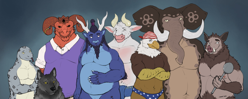 absurd_res accipitrid accipitriform animal_humanoid anthro argos_(minotaur_hotel) asian_mythology asterion_(minotaur_hotel) avian bald_eagle bandanna bird bottomwear bovid bovine canid canine canis clothing danero demon demon_humanoid dragon eagle east_asian_mythology eastern_dragon elephant elephantid european_mythology feral greek_mythology grootslang group group_picture gryphon hi_res humanoid kerchief khenbish_(minotaur_hotel) kota_(minotaur_hotel) loincloth looking_at_viewer luke_(minotaur_hotel) male mammal minotaur minotaur_hotel musclegut muscular muscular_male mythological_avian mythology nude proboscidean reptile reptile_humanoid robert_(minotaur_hotel) scalie scalie_humanoid sea_eagle shirtless slightly_chubby snake snake_humanoid speedo stars_and_stripes suid suina sus_(pig) swimwear themba_(minotaur_hotel) united_states_of_america wild_boar wolf wolf_(minotaur_hotel)