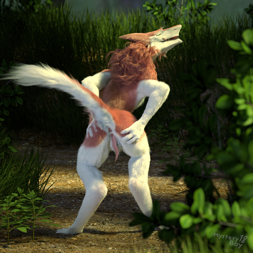 1:1 3d_(artwork) anthro anus blender_(software) butt clitoral_hood digital_media_(artwork) female fluffy fluffy_tail forest forest_background fur genitals hi_res looking_at_viewer mysteryboy18 nature nature_background nude plant prehensile_clitoral_hood presenting presenting_anus presenting_hindquarters presenting_pussy pussy sergal sergal_(untied_verbeger) solo spreading tongue tongue_out tree vaginal white_body white_fur