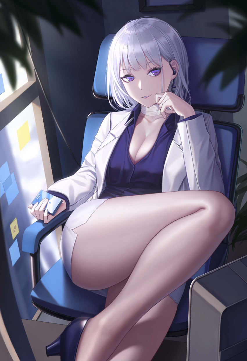 1girl 3v_ju absurdres bandaged_neck bandages bangs bare_legs breasts chair cleavage closed_mouth collarbone earpiece eyebrows_visible_through_hair feet_out_of_frame formal girls'_frontline hand_on_own_cheek hand_on_own_face high_heels highres holding jacket legs looking_at_viewer medium_breasts office office_chair office_lady official_alternate_costume official_style open_clothes open_jacket parted_lips purple_eyes purple_footwear purple_shirt rpk-16_(girls'_frontline) shirt short_hair sitting skirt smile solo suit thighs white_hair white_jacket white_skirt