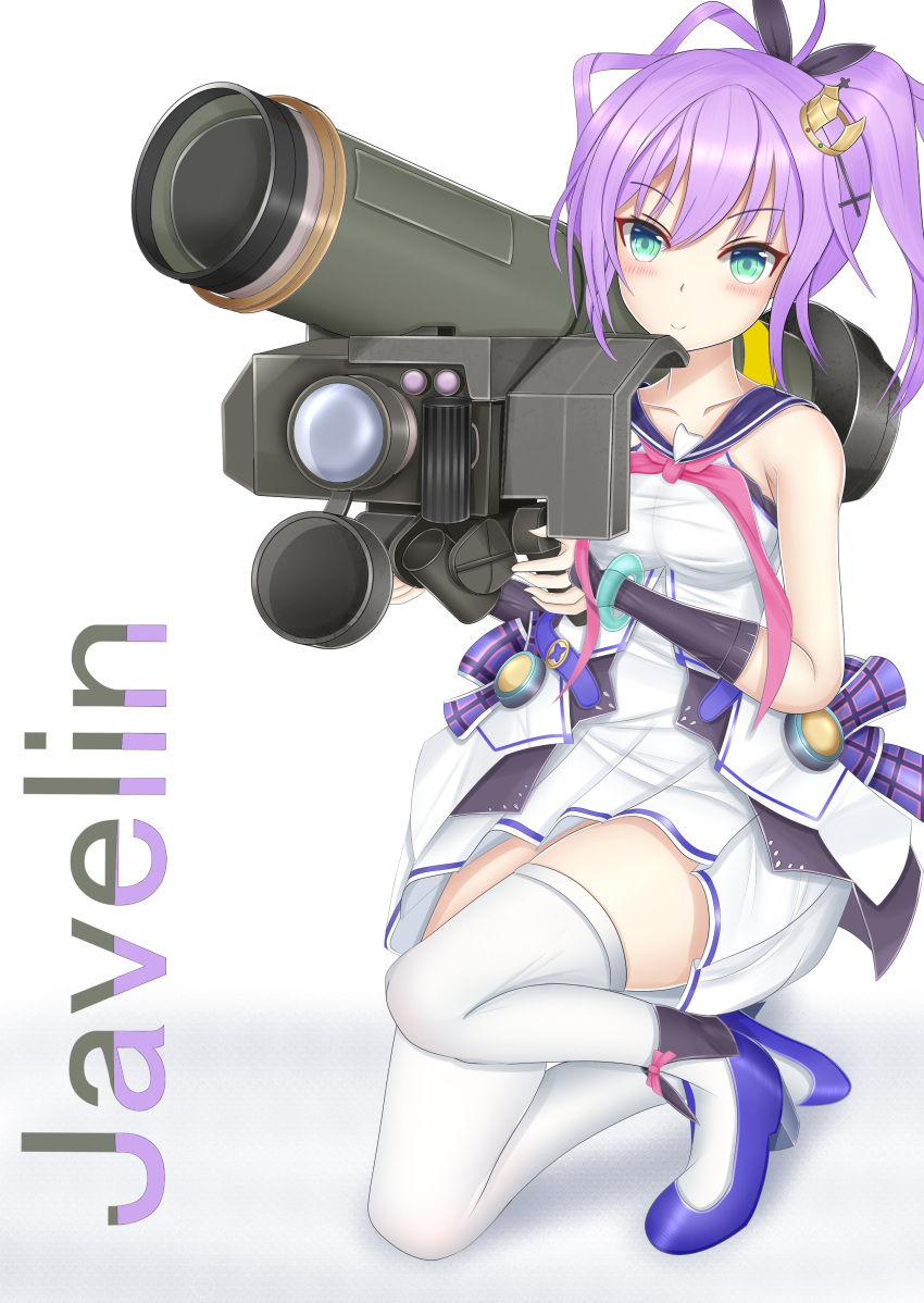 1girl absurdres aqua_eyes azur_lane blouse bracelet camisole character_name cross_hair_ornament crown dress fgm-148_javelin genius_1237to gloves green_eyes hair_ornament high_ponytail highres holding_rocket_launcher javelin_(azur_lane) jewelry medium_hair ponytail purple_hair purple_ribbon retrofit_(azur_lane) ribbon rocket_launcher sailor_collar shirt simple_background single_glove solo strappy_heels thighhighs weapon white_background white_camisole white_dress white_legwear wide_ponytail