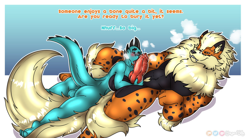 absurd_res anthro arcanine ball_size_difference ball_worship balls big_balls big_penis blush bodily_fluids dominant dominant_male dragon duo erection feet fellatio genital_fluids genitals hi_res licking male male/male mammal muscular muscular_male nintendo one_eye_closed open_mouth oral penile penis penis_worship pok&eacute;mon pok&eacute;mon_(species) sex size_difference smile submissive submissive_male tempo_arcanine thick_thighs tongue tongue_out video_games wingedwilly wink