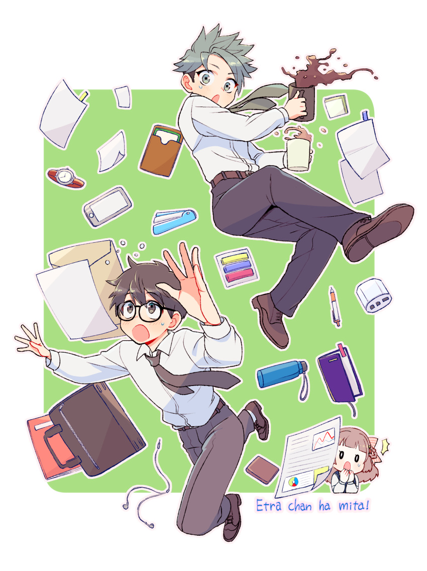 1girl 2boys :o bag bangs belt black_hair black_necktie black_pants book bottle brown_belt brown_footwear brown_hair cellphone coffee coffee_mug commentary_request copyright_name cup earphones envelope etra-chan_wa_mita! etra_(etra-chan_wa_mita!) eyebrows_visible_through_hair flying_paper full_body glasses green_hair highres holding holding_cup kuroki_(etra-chan_wa_mita!) long_sleeves looking_at_viewer looking_up mug multiple_boys necktie notebook nyako_(lhq3p) open_mouth pants paper pen phone power_bank shirt shoes smartphone spiked_hair stapler sweatdrop tokusa_(etra-chan_wa_mita!) undercut wallet watch white_shirt wristwatch