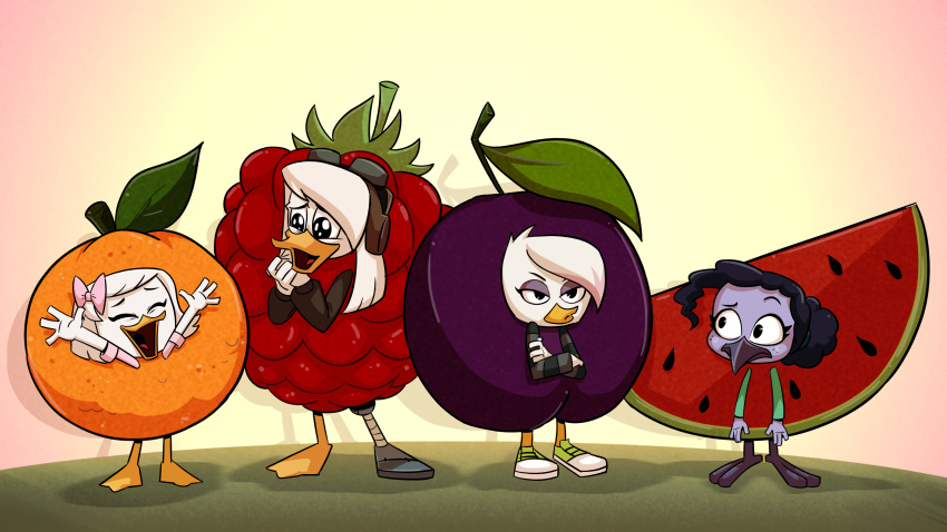 absurd_res anatid anseriform anthro avian bird clothing costume della della_duck disney duck ducktales ducktales_(2017) female food food_costume fruit group hi_res hummingbird khionyohannmendoza kigtoons lena lena_(ducktales) melon orange_(fruit) orange_costume plant plum_(disambiguation) plum_costume raspberry raspberry_costume sabrewing vanderquack violet_sabrewing watermelon watermelon_costume webby webby_vanderquack