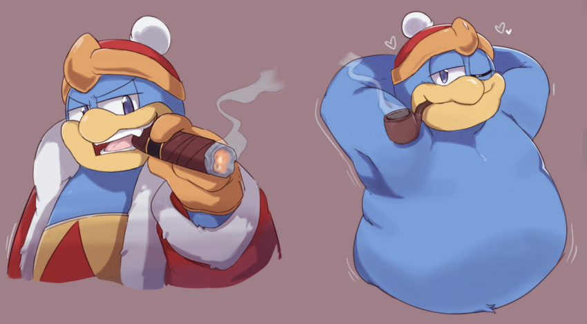 &lt;3 anthro avian beak belly bird blue_body blue_feathers cigar clothed clothing feathers gloves hands_behind_head handwear hat headgear headwear king_dedede kirby_(series) looking_at_viewer male nintendo obese one_eye_closed overweight overweight_male partially_clothed penguin robe simple_background smile smirk smoke smoking_pipe solo st637 teeth tongue video_games wink