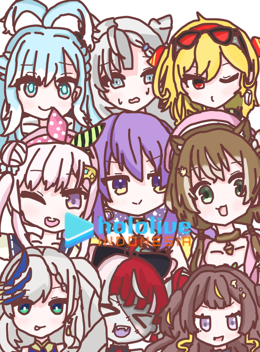 &gt;_&lt; airani_iofifteen anya_melfissa ayunda_risu bangs blonde_hair blue_eyes blue_hair braid brown_hair earrings face feather_hair_ornament feathers glasses green_eyes hair_bobbles hair_ornament hair_ribbon highres hololive hololive_indonesia jewelry kaela_kovalskia kobo_kanaeru kureiji_ollie long_hair moona_hoshinova multicolored_hair multiple_girls one_eye_closed pavolia_reine pink_hair purple_eyes purple_hair red_eyes red_hair ribbon short_hair smile tinted_eyewear tongue tongue_out vestia_zeta virtual_youtuber