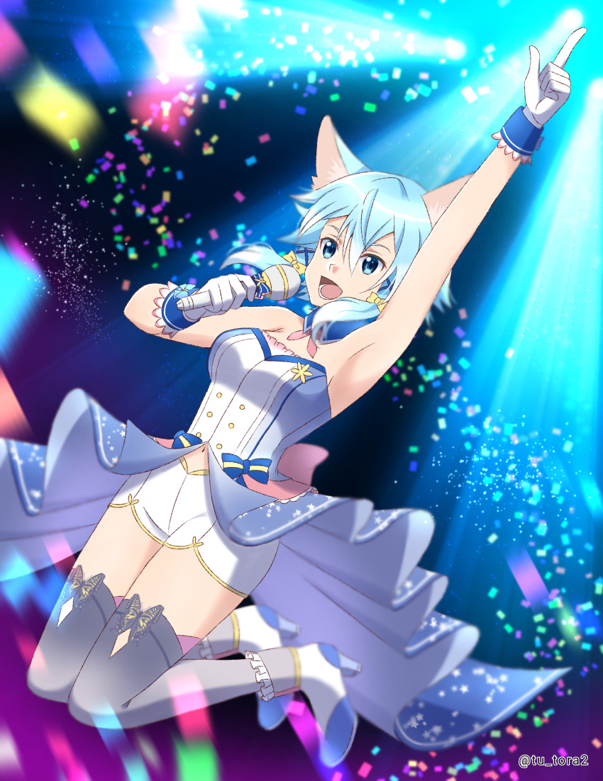 1girl :d absurdres animal_ear_fluff animal_ears arm_up armpits bangs blue_eyes blue_hair bow breasts cat_ears cat_girl frilled_footwear full_body gloves grey_legwear hair_between_eyes hair_bow hair_ornament highres holding holding_microphone idol index_finger_raised jumping medium_breasts microphone midriff music navel open_mouth shiny shiny_hair short_hair_with_long_locks short_shorts shorts sidelocks singing sinon_(sao-alo) smile solo stomach strapless sword_art_online thighhighs tu_tora2 twitter_username waist_cape white_gloves white_shorts x_hair_ornament yellow_bow zettai_ryouiki