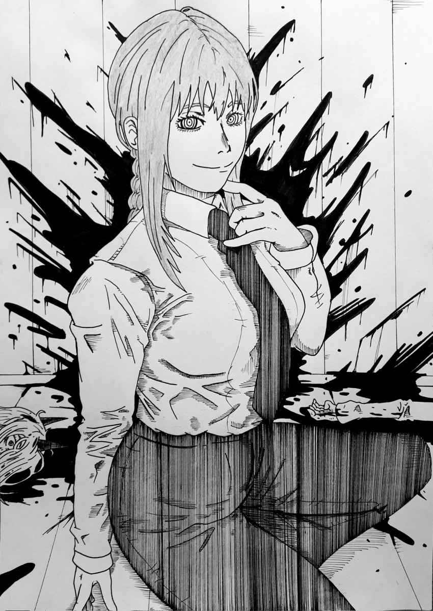 1girl ass bangs black_necktie black_pants blood blood_on_wall blood_splatter braid braided_ponytail breasts business_suit chainsaw_man closed_mouth collared_shirt eindrawppsn finger_to_mouth formal full_body greyscale hatching_(texture) high-waist_pants highres horns large_breasts light_smile long_sleeves looking_at_viewer makima_(chainsaw_man) mature_female monochrome necktie office_lady pants power_(chainsaw_man) ringed_eyes shirt shirt_tucked_in simple_background smile solo suit thighs white_background white_shirt wide_hips wooden_floor