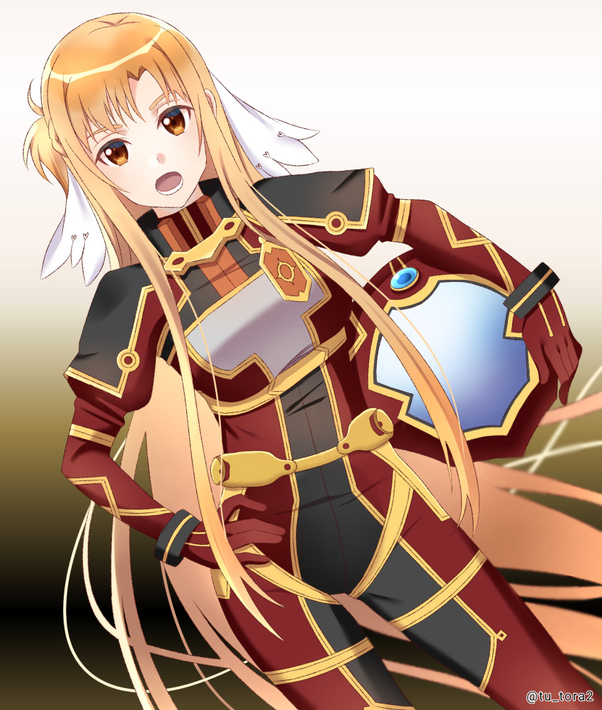 1girl asuna_(stacia) bodysuit brown_eyes brown_hair contrapposto dutch_angle floating_hair hand_on_hip helmet highres holding holding_helmet long_hair looking_at_viewer open_mouth pilot_suit red_bodysuit shiny shiny_hair solo standing sword_art_online tu_tora2 twitter_username very_long_hair