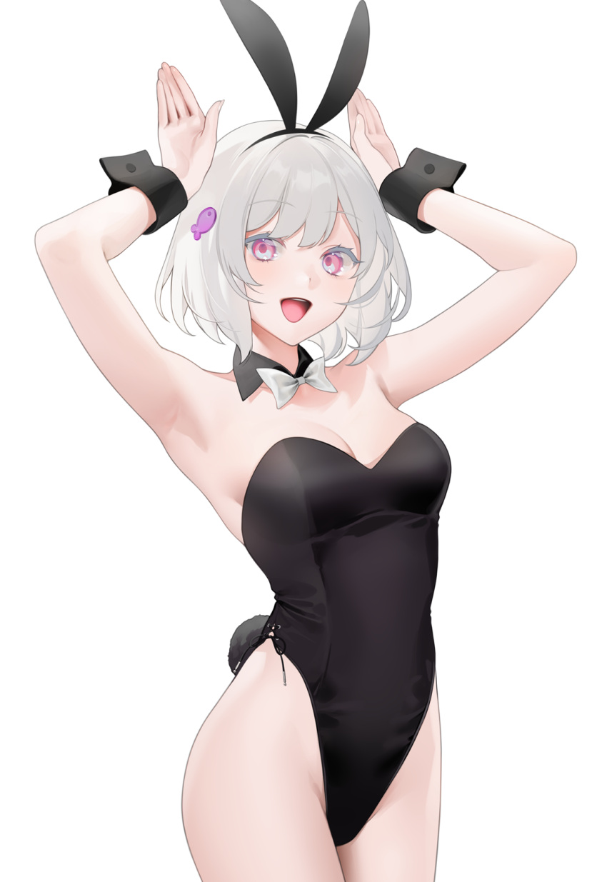 1girl :d albino animal_ears armpits arms_up bangs bare_shoulders black_bow black_bowtie black_leotard black_wrist_cuffs blush bow bowtie breasts buttons collar cowboy_shot detached_collar eyebrows_visible_through_hair fish_hair_ornament groin hair_between_eyes hair_ornament highleg highleg_leotard highres leotard looking_at_viewer medium_breasts nacchan_(ohisashiburi) ohisashiburi open_mouth original pink_eyes rabbit_ears rabbit_tail short_hair side-tie_leotard simple_background smile solo strapless strapless_leotard tail white_background white_bow white_bowtie wrist_cuffs