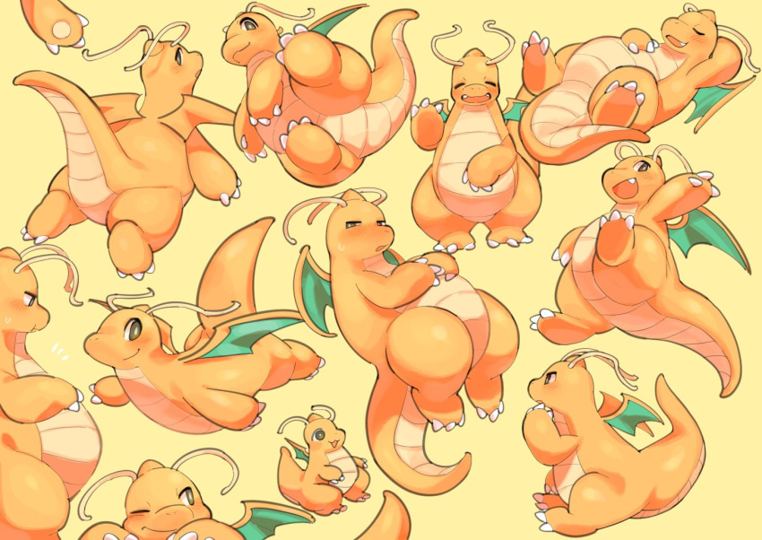 antennae_(anatomy) anthro belly blush claws co_asomasom dragonite lying multiple_images nintendo on_back orange_body pok&eacute;mon pok&eacute;mon_(species) sleeping slightly_chubby smile video_games wings