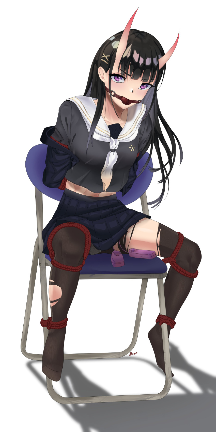 1girl absurdres arms_behind_back artist_name azur_lane ball_gag bangs bdsm black_hair black_legwear blue_shirt blue_skirt blunt_bangs bondage bound bound_arms breasts drawfagmona full_body gag highres hime_cut horns long_hair long_sleeves medium_breasts neckerchief noshiro_(azur_lane) oni_horns pleated_skirt purple_eyes sailor_collar school_uniform serafuku sex_toy shirt sitting skin-covered_horns skirt straight_hair torn_clothes torn_legwear vibrator vibrator_cord vibrator_under_clothes