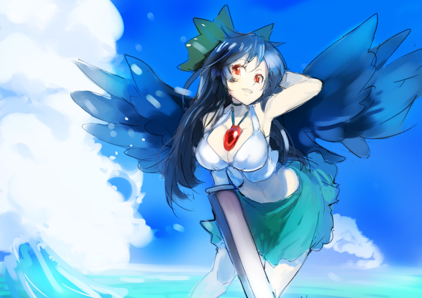 1girl arm_behind_head arm_cannon arm_up armpits bangs bird_wings black_hair blue_sky bow breasts cannon cleavage control_rod feathered_wings feathers green_skirt grin hair_bow highres long_hair medium_breasts navel red_eyes reiuji_utsuho sinzan skirt sky smile solo swimsuit third_eye touhou weapon wings