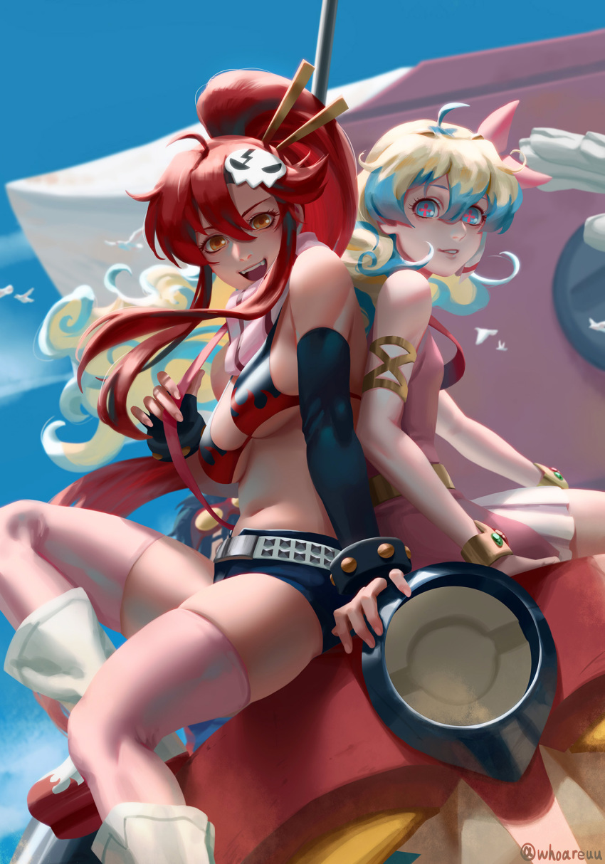 2girls :d ahoge armlet bangs belt bikini_top bird blue_eyes blue_sky bracelet commentary curly_hair dove dress elbow_gloves english_commentary gloves grin gurren hair_between_eyes hair_ornament high_ponytail highres jewelry looking_at_viewer midriff multicolored_hair multiple_girls navel nia_teppelin open_mouth outdoors pink_dress pink_legwear ponytail red_hair scarf short_shorts shorts sitting skull_hair_ornament sky smile studded_belt studded_bracelet tengen_toppa_gurren_lagann thighhighs thighs two-tone_hair whoareuu yoko_littner