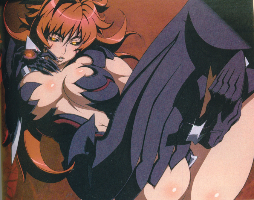 amaha_masane antenna_hair armor ass bangs bikini_armor black_sclera blade body_blush boots breasts breasts_apart center_opening claws cleavage crossed_legs facial_mark gem glint glowing hand_on_own_chest high_heels highres large_breasts legs_up long_hair looking_at_viewer lying mature midriff navel on_back one-piece_thong orange_eyes red_hair scan scan_artifacts shoes sitting solo thigh_boots thighhighs uno_makoto very_long_hair w wavy_hair weapon witchblade