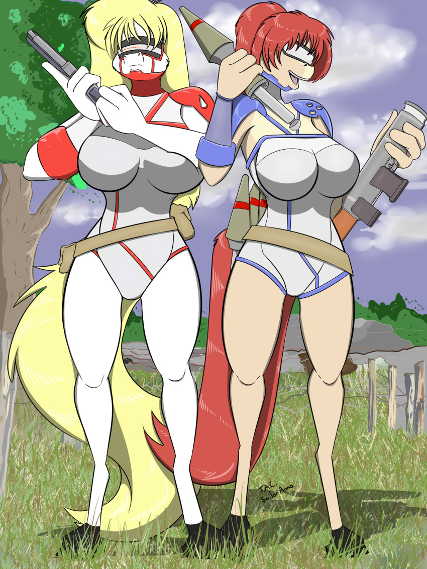 anna_(study_partners) anthro big_breasts blonde_hair breasts brown_body brown_fur cleavage clothed clothing duo equid equine female fur gun hair hi_res hooves horse mammal open_mouth outside plant ranged_weapon red_hair sailoranna sara_(sailoranna) tree weapon white_body white_fur