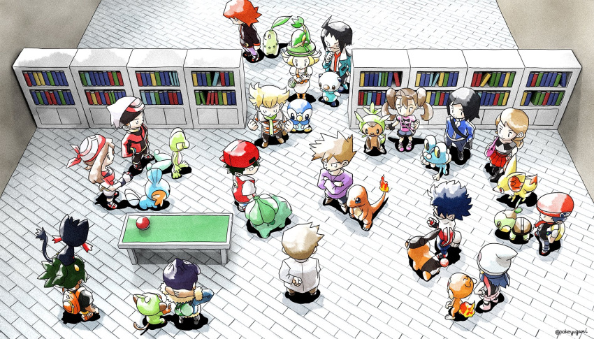 5girls 6+boys ahoge arms_behind_head backpack backwards_hat bag bandana bangs barry_(pokemon) beanie beret bianca_(pokemon) bike_shorts black_jacket black_shirt blonde_hair blue_jacket blue_oak book bookshelf boots brendan_(pokemon) brick_floor brown_hair bulbasaur calem_(pokemon) charmander cheren_(pokemon) chespin chikorita chimchar clenched_hands commentary_request crossed_arms dawn_(pokemon) fennekin froakie from_above gloves green_bag green_headwear grookey hand_on_own_chin hat hau_(pokemon) highres holding holding_poke_ball hop_(pokemon) hugh_(pokemon) indoors jacket labcoat litten long_sleeves lucas_(pokemon) may_(pokemon) mudkip multiple_boys multiple_girls on_head orange_bag oshawott pants pink_footwear piplup pleated_skirt poke_ball poke_ball_(basic) pokemon pokemon_(creature) pokemon_(game) pokemon_bw pokemon_bw2 pokemon_dppt pokemon_gsc pokemon_on_head pokemon_rgby pokemon_rse pokemon_sm pokemon_swsh pokemon_xy pokeyugami purple_hair purple_pants purple_shirt red_(pokemon) red_bandana red_headwear red_shirt red_skirt retro_artstyle samuel_oak scarf serena_(pokemon) shauna_(pokemon) shirt shoes short_hair short_sleeves silver_(pokemon) skirt snivy spiked_hair standing stroking_own_chin table tepig treecko turtwig twintails twitter_username white_headwear white_skirt