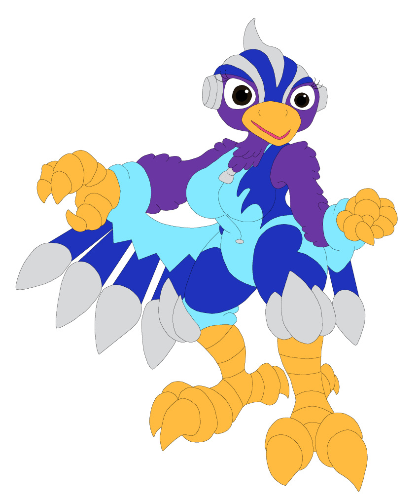 absurd_res activision anthro avian bird breasts clothing darkbolt feathers female hi_res jumpsuit lark_(bird) oscine passerine purple_body purple_feathers skylanders skylanders_superchargers solo stormblade video_games