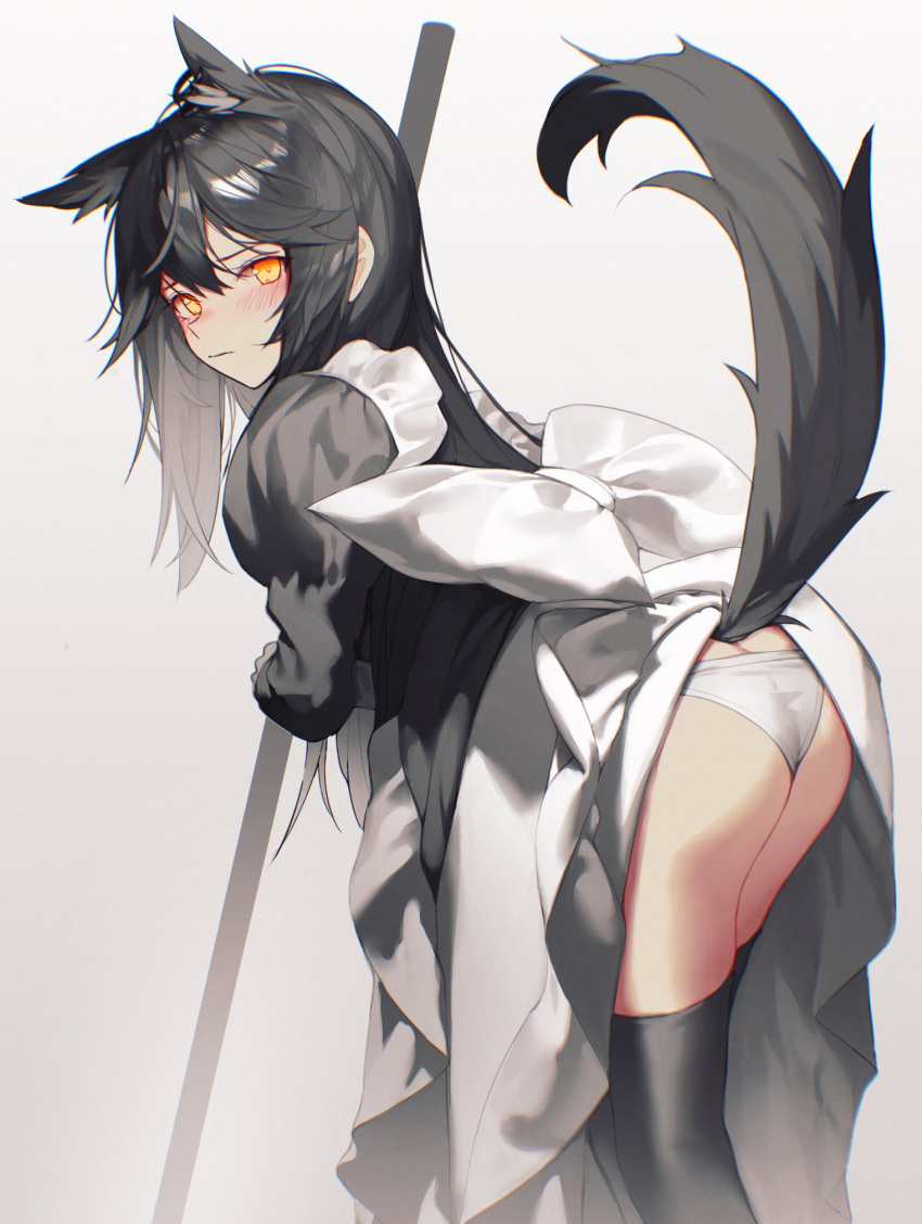 1girl alternate_costume animal_ear_fluff animal_ears arknights ass black_dress black_legwear blush bow dress enmaided extra_ears from_behind grey_background highres holding holding_stick leaning_forward long_hair looking_at_viewer looking_back maid panties pantyhose sidelocks simple_background solo stick tail texas_(arknights) thighhighs underwear veilrain white_bow white_panties wolf_ears wolf_girl wolf_tail yellow_eyes