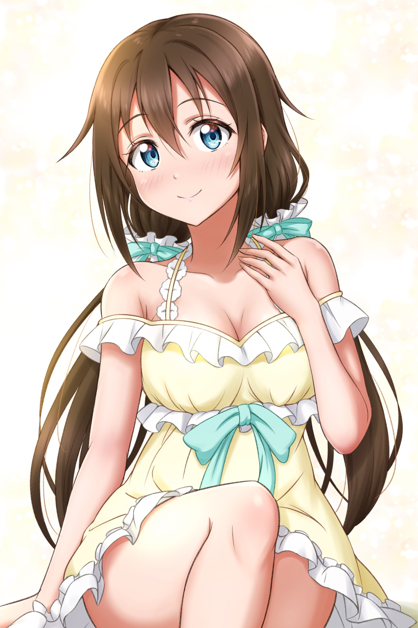 1girl absurdres bangs birthday blue_eyes blush breasts brown_hair ckst cleavage collarbone commentary eyebrows_visible_through_hair highres large_breasts long_hair looking_at_viewer love_live! love_live!_nijigasaki_high_school_idol_club low_twintails off_shoulder ousaka_shizuku sidelocks sitting smile solo twintails