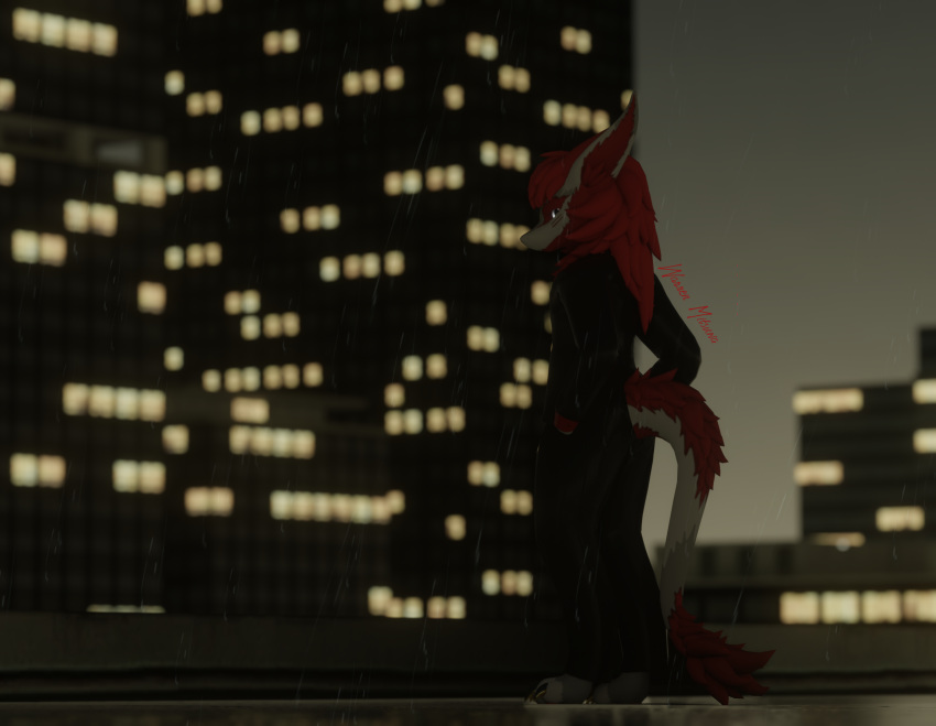 anthro blender_(software) city city_background gm_goldencity hi_res male nardoragon night observing raining relaxing solo warren_mitsuwa