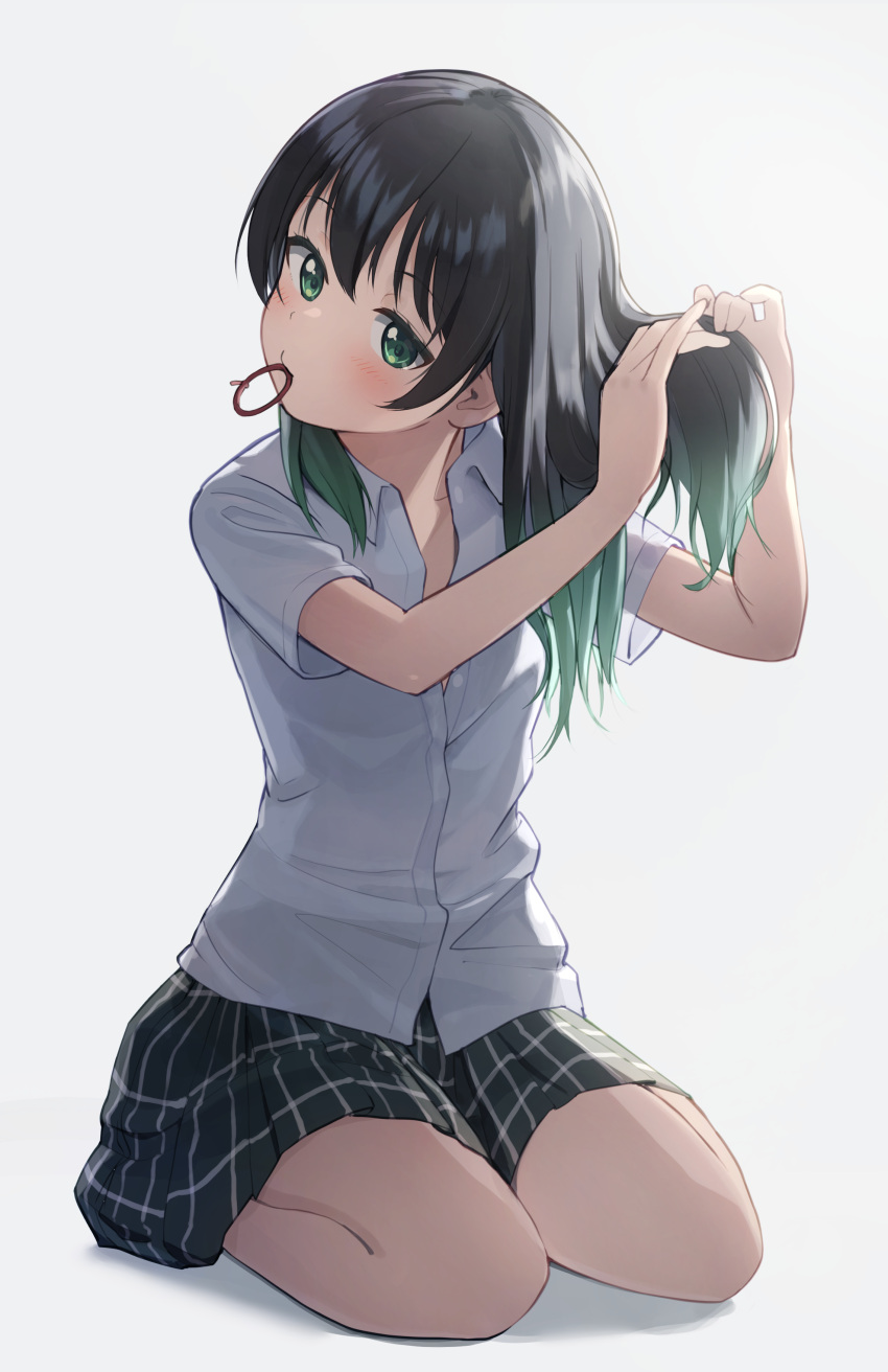 1girl absurdres black_hair black_skirt blush collared_shirt gradient_hair green_eyes green_hair hair_down hair_tie hair_tie_in_mouth highres looking_at_viewer love_live! love_live!_nijigasaki_high_school_idol_club medium_hair miniskirt mouth_hold multicolored_hair nijigasaki_academy_school_uniform plaid plaid_skirt pleated_skirt school_uniform seiza shirt short_sleeves sitting skirt solo summer_uniform takasaki_yuu tata_(tataice) two-tone_hair tying_hair white_shirt