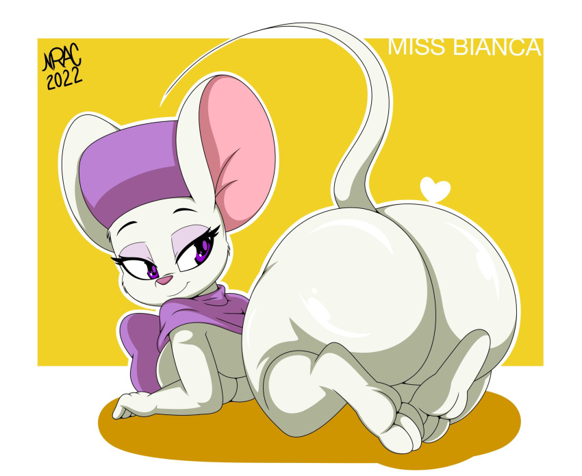 &lt;3 2022 all_fours anthro big_butt bottomless bottomless_anthro bottomless_female breasts butt clothed clothing disney don_bluth female fur half-closed_eyes hat headgear headwear hi_res looking_at_butt looking_back mammal miss_bianca_(the_rescuers) mostly_nude mouse murid murine narrowed_eyes nr_ac pupils purple_clothing purple_pupils raised_tail rodent scarf smile solo text the_rescuers_(disney) white_body white_fur