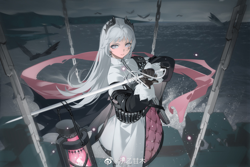 1girl absurdres arknights artist_name belt bird black_gloves black_jacket chain closed_mouth cloud cloudy_sky cowboy_shot day earrings fire gloves grey_eyes gun head_wings high-waist_skirt highres holding holding_sword holding_weapon irene_(arknights) jacket jewelry lantern layered_skirt light_particles lighthouse long_hair long_sleeves looking_at_viewer ocean outdoors pink_fire purple_skirt rapier scar scar_across_eye scar_on_face skirt sky smile solo sword very_long_hair water weapon weibo_username white_hair white_skirt ziyiganmu