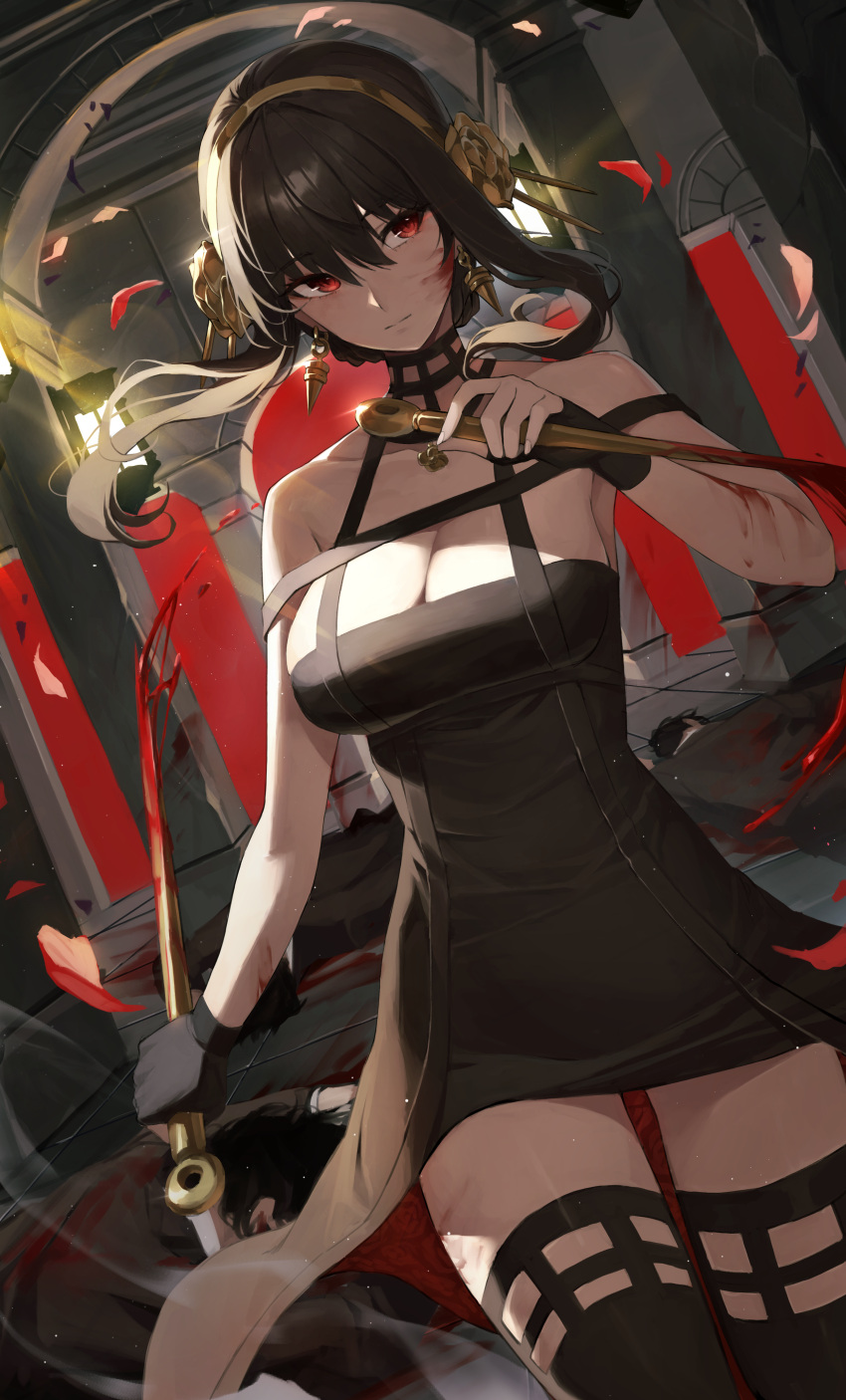 1girl absurdres bangs bare_shoulders black_dress black_gloves black_hair black_legwear blood blood_on_arm blood_on_face blood_on_weapon breasts cleavage closed_mouth corpse cowboy_shot dagger dress earrings falling_petals fingerless_gloves gloves gold_hairband highres jewelry knife large_breasts long_hair looking_at_viewer multiple_boys murder netural petals red_eyes rose_hair_ornament sidelocks solo_focus spy_x_family thighhighs thighs weapon yor_briar