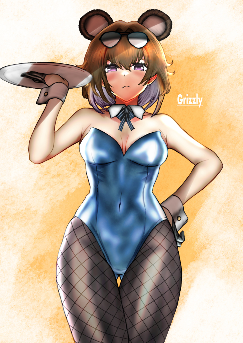 1girl absurdres animal_ears ass_visible_through_thighs bear_ears blue_leotard blush breasts brown_hair character_name covered_navel detached_collar eyewear_on_head fishnets frown girls'_frontline gloves grizzly_mkv_(girls'_frontline) hair_between_eyes half_gloves hand_on_hip highres leotard looking_at_viewer medium_breasts medium_hair meimushi playboy_bunny purple_eyes solo thigh_gap tray wrist_cuffs