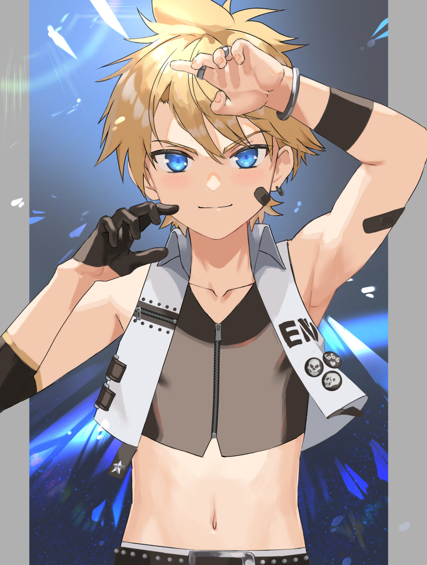 1boy absurdres bangs bare_shoulders blonde_hair blue_eyes bracelet closed_mouth commentary_request facial_mark hair_between_eyes highres jewelry kagamine_len looking_at_viewer male_focus midriff_peek multiple_rings navel oppai_ojiichan ring see-through_shirt short_hair smile solo ultimate_asuka upper_body vocaloid