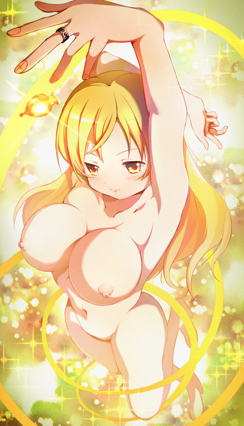 1girl absurdres blonde_hair breasts collarbone dai_toro female_pubic_hair hair_down henshin highres jewelry large_breasts looking_at_viewer magical_girl mahou_shoujo_madoka_magica navel nipples no_toes nude pubic_hair ring solo soul_gem tomoe_mami yellow_eyes