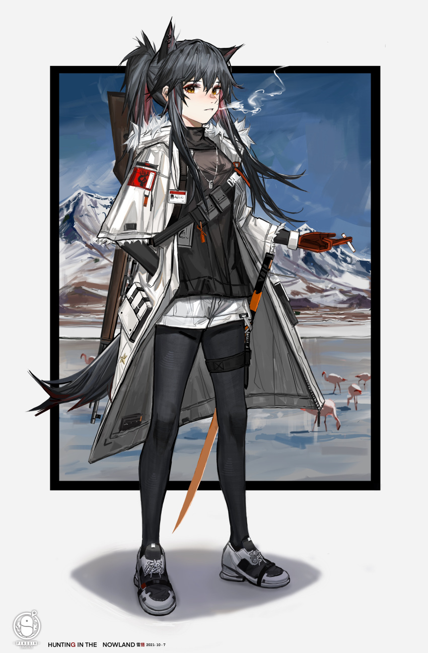 1girl absurdres animal_ears arknights bird black_border black_hair black_legwear black_shirt border cigarette dog_tags ear_piercing extra_ears flamingo fur-trimmed_hood fur-trimmed_sleeves fur_trim gloves hair_between_eyes hand_in_pocket highres holding holding_cigarette hood looking_at_viewer mountain multicolored_hair official_alternate_costume outdoors pantyhose penguin_logistics_logo piercing ponytail red_gloves red_hair shadow sheath sheathed shirt shorts shuimo sidelocks smoking solo standing streaked_hair sword tail texas_(arknights) texas_(winter_messenger)_(arknights) thigh_strap weapon white_border white_shorts wolf_ears wolf_girl wolf_tail yellow_eyes
