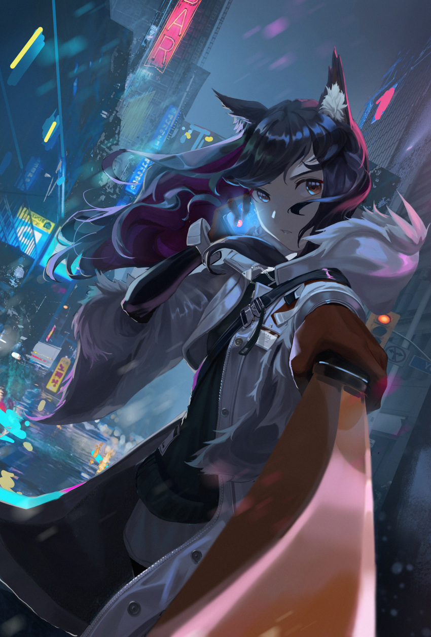 1girl absurdres aiming_at_viewer animal_ear_fluff animal_ears arknights black_hair black_legwear building buttons city coat colored_inner_hair cowboy_shot dutch_angle flashlight floating_hair fur-trimmed_hood fur-trimmed_sleeves fur_trim gloves hand_up highres holding holding_sword holding_weapon hood hz_(megumi_akira) id_card looking_at_viewer multicolored_hair night open_clothes open_coat orange_gloves outdoors pantyhose rain red_hair road_sign sign skirt skyscraper solo sword texas_(arknights) texas_(winter_messenger)_(arknights) traffic_light weapon white_coat white_skirt wide_sleeves winter_clothes winter_coat wolf_ears yellow_eyes