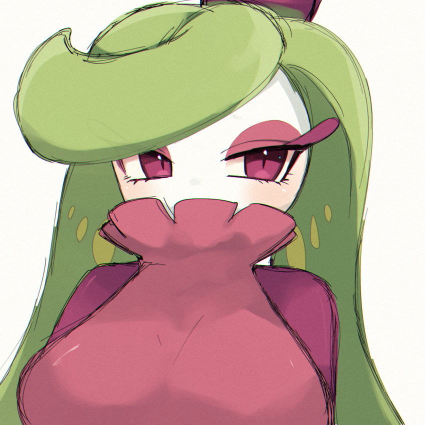 1girl bangs blush breasts colored_skin commentary_request covered_mouth green_hair half-closed_eyes highres large_breasts long_hair looking_to_the_side monster_girl multicolored_skin partial_commentary plant_girl pokemon pokemon_(creature) purple_eyes purple_skin shuri_(pixiv_12750616) simple_background sketch solo swept_bangs tsareena two-tone_skin upper_body white_background white_skin
