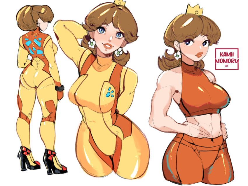 1girl abs arm_over_shoulder arm_up bangs blue_eyes breasts brown_hair character_sheet closed_mouth cosplay crop_top crown earrings flower_earrings hands_on_hips high_heels highres hip_focus jewelry kamira_naito large_breasts lipstick looking_at_viewer looking_away makeup mario_(series) medium_hair metroid metroid_suit open_mouth pantyhose parted_hair ponytail princess_daisy samus_aran samus_aran_(cosplay) simple_background smile super_mario_land super_smash_bros. thighs white_background wii_fit_trainer wii_fit_trainer_(female) wii_fit_trainer_(female)_(cosplay)