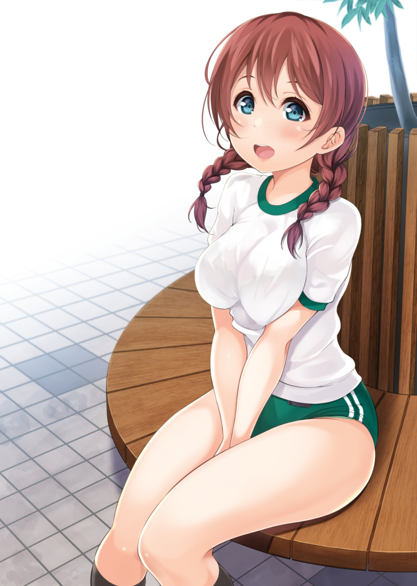 1girl bench between_legs black_legwear blue_eyes blush bra braid breasts brown_hair buruma commentary day emma_verde eyebrows_visible_through_hair freckles green_bra green_buruma green_panties gym_shirt gym_uniform hair_between_eyes hand_between_legs highres hino_minato_(spec.c) long_hair looking_at_viewer love_live! love_live!_nijigasaki_high_school_idol_club low_twin_braids low_twintails medium_breasts open_mouth outdoors panties panty_peek park_bench see-through shirt short_sleeves sitting sitting_on_bench smile socks solo thighs tiles tongue tree twin_braids twintails underwear v_arms white_shirt