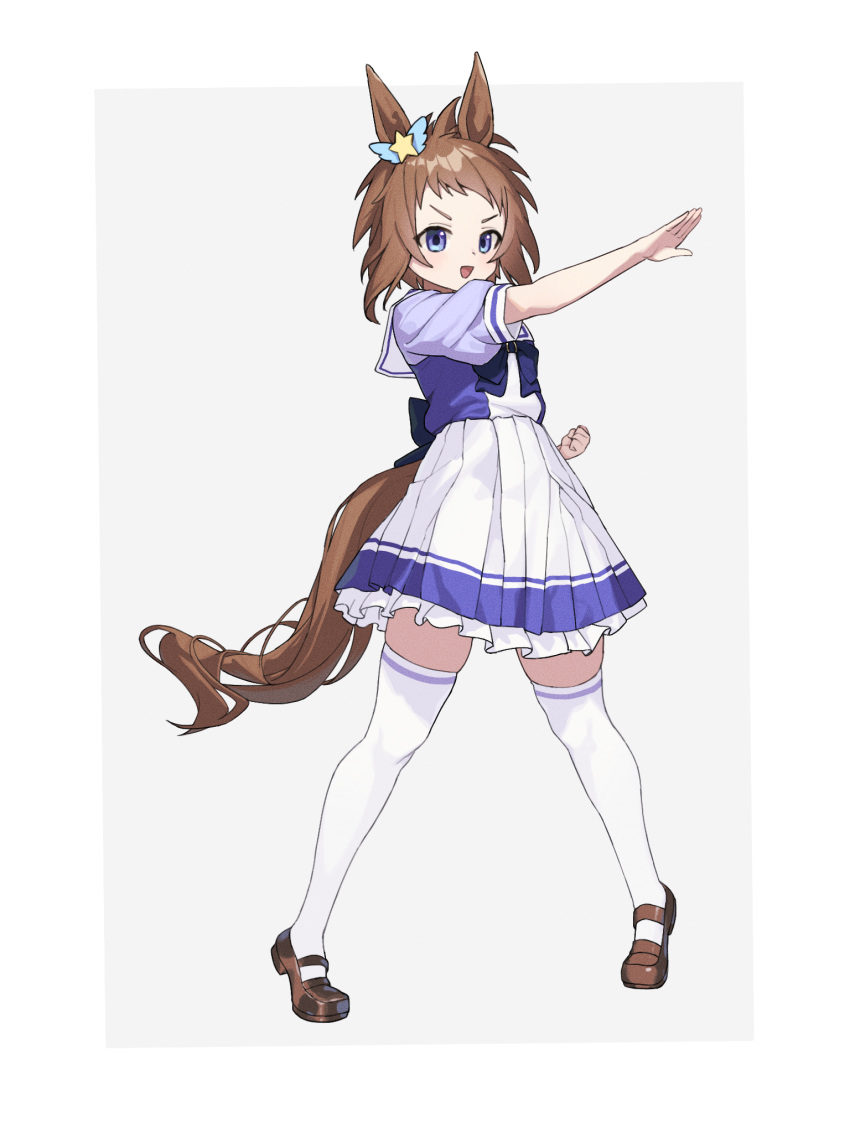 1girl animal_ears biko_pegasus_(umamusume) blue_eyes brown_footwear brown_hair clenched_hand ear_ornament full_body highres horse_ears horse_girl horse_tail mosou_keito parted_lips pose sailor_collar school_uniform serafuku short_hair short_sleeves simple_background skirt solo standing tail thighhighs tracen_school_uniform two-tone_background umamusume white_legwear white_sailor_collar