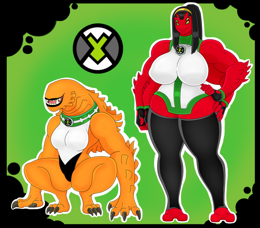 4_eyes absurd_res alien alien_humanoid anthro ben_10 big_breasts black_hair breasts canid canine cartoon_network claws clothed clothing collar crossgender digital_media_(artwork) duo eyeless female four_arms_(ben_10) fur gloves green_eyes hair handwear hi_res humanoid leggings legwear leotard mammal multi_arm multi_eye multi_limb muscular muscular_anthro muscular_female omnitrix orange_body orange_fur ponytail red_body red_skin simple_background smile tetramand urusee584 vulpimancer wildmutt