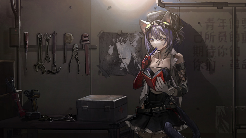 1girl absurdres adjustable_wrench animal_ears arknights asymmetrical_gloves black_dress black_headwear book breasts cat_ears cat_girl cat_tail chinese_commentary chinese_text claw_hammer cleavage cowboy_shot dress drill gloves goggles goggles_on_head grey_jacket hair_between_eyes hat highres holding holding_book jacket jewelry liangban_xiexu mismatched_gloves necklace open_book open_clothes open_jacket pen_to_mouth pliers poster_(object) purple_hair red_gloves rockrock_(arknights) screwdriver short_hair solo strapless strapless_dress sweatdrop tail tape_measure translation_request v-shaped_eyebrows white_gloves wrench