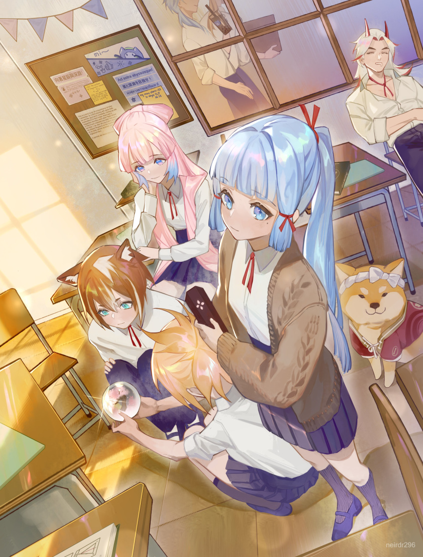 1other 3boys 3girls absurdres alternate_costume animal animal_ear_fluff animal_ears arataki_itto artist_name blonde_hair blue_hair book bow box breasts brown_hair bubble_tea bulletin_board cardigan chair character_request classroom collared_shirt colored_tips cup desk dog drooling foreshortening gender_request genshin_impact gradient_hair hair_ribbon hand_on_own_chin hand_up head_rest highres holding holding_box holding_cup holding_orb horns jacket kamisato_ayaka kamisato_ayato kneehighs kneeling long_hair medium_hair mouth_drool multicolored_hair multiple_boys multiple_girls neck_ribbon neirdr1 pants partially_unbuttoned pleated_skirt ponytail red_hair red_ribbon ribbon sangonomiya_kokomi school_chair school_desk school_uniform shiba_inu shirt short_hair sidelocks sitting skirt sleeves_rolled_up small_breasts streaked_hair symbol-only_commentary translation_request white_hair white_jacket white_shirt window